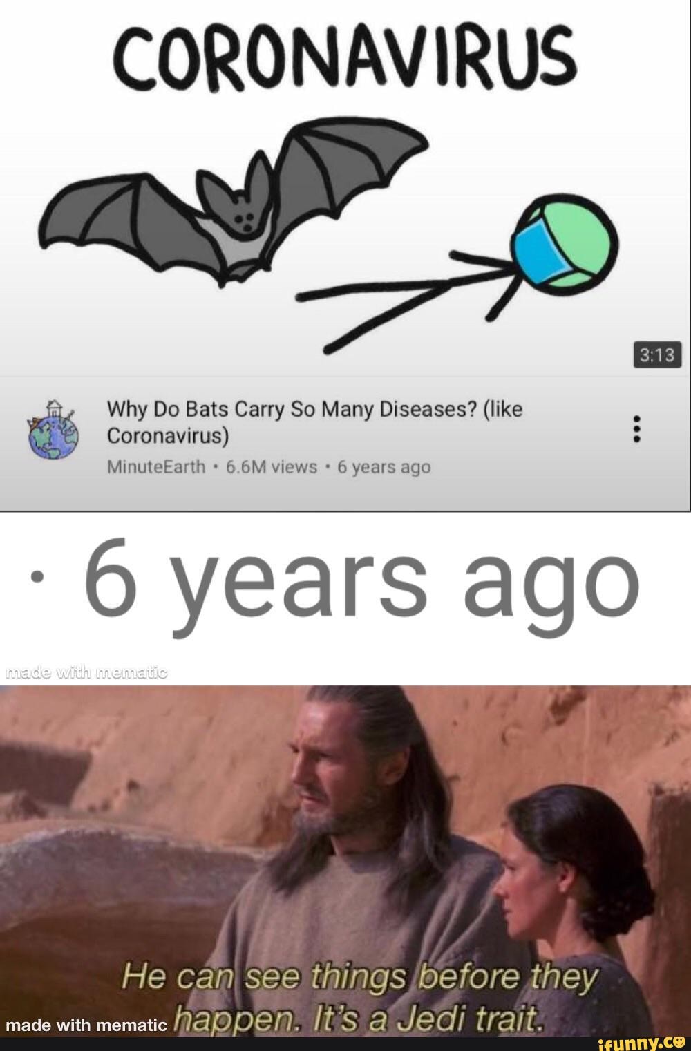CORONAVIRUS
Why Do Bats Carry So Many Diseases? (like
Coronavirus)
MinuteEarth 6.6M views 6 years ago
-6 years ago
He can see things /before they