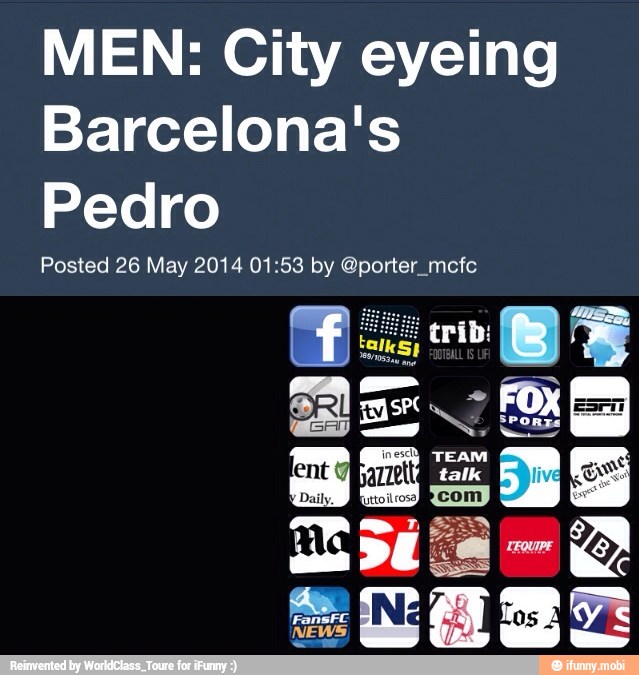 MEN: City eyeing
Barcelona's
Pedro
Posted 26 May 2014 01:53 by @porter_mcfc