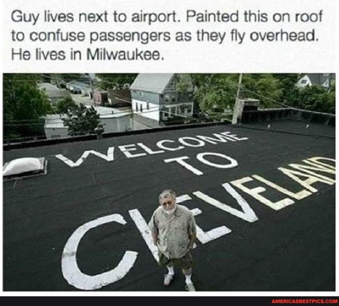 Guy lives next to airport. Painted this on roof to confuse passengers as they fly overhead.
He lives in Milwaukee.
