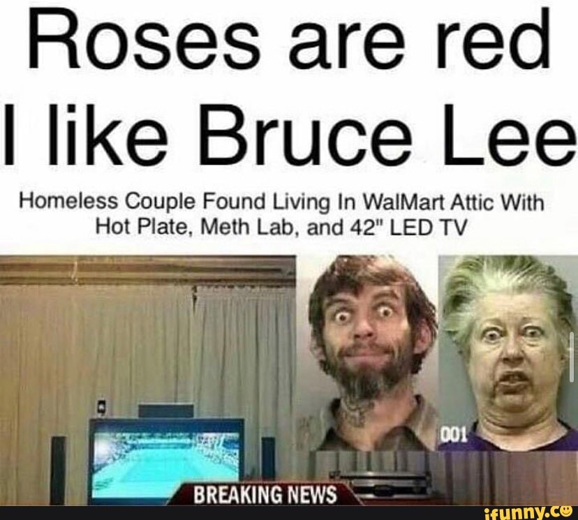 Roses are red
I like Bruce Lee
Homeless Couple Found Living In WalMart Attic With
Hot Plate, Meth Lab, and 42" LED TV
