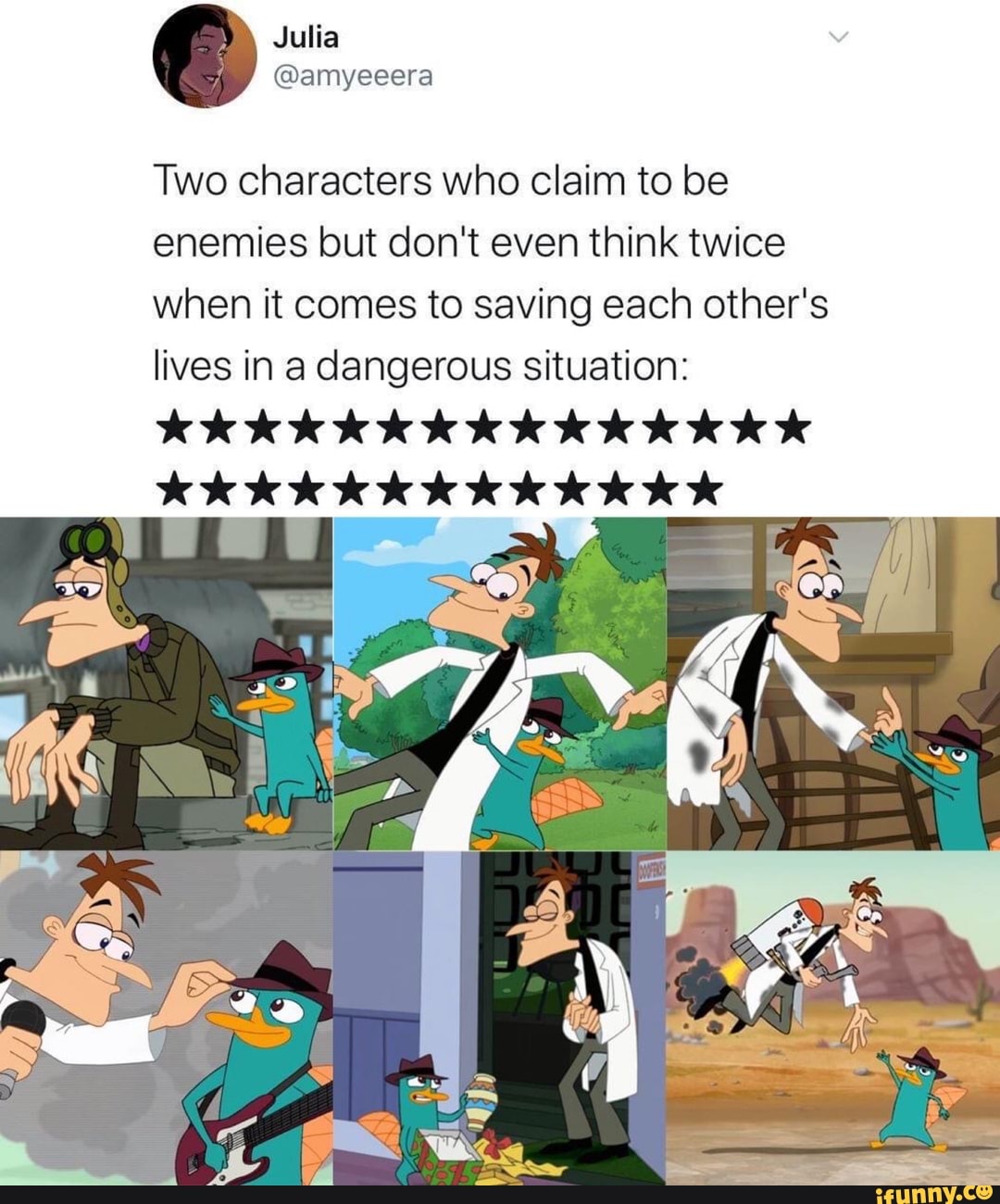 Two characters who claim to be enemies but don't even think twice when it comes to saving each other's lives in a dangerous situation:
KKKKKKKKK KKK KKK
