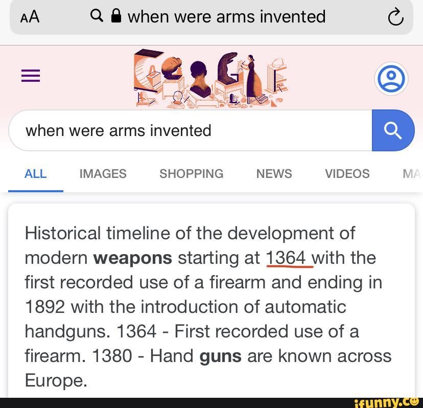 AA Q when were arms invented (E) Historical timeline of the development