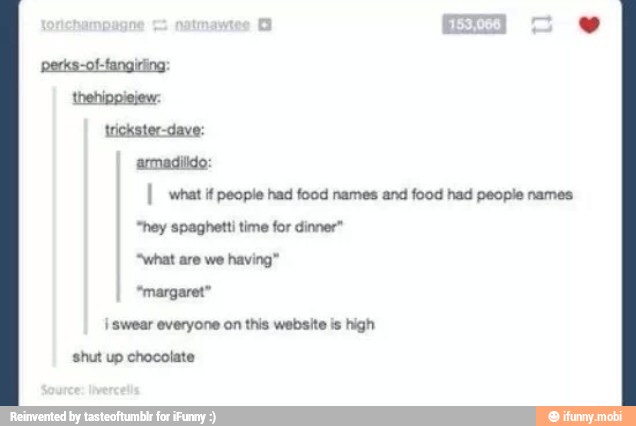 fangirling: armadilido:
I what if people had food names and food had people names
"hey spaghetti time for dinner"
"What are we having"
"margaret"
I swear everyone on this website is high
shut up chocolate