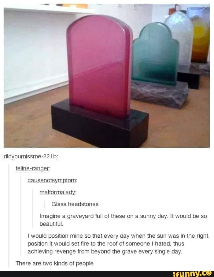 causenotsymptom:
Glass headstones
Imagine a graveyard full of these on a sunny day. It would be so
I would position mine so that every day when the sun was in the right
position it would set fire to the roof of someone I hated, thus
achieving revenge from beyond the grave every single day.
There are two kinds of people