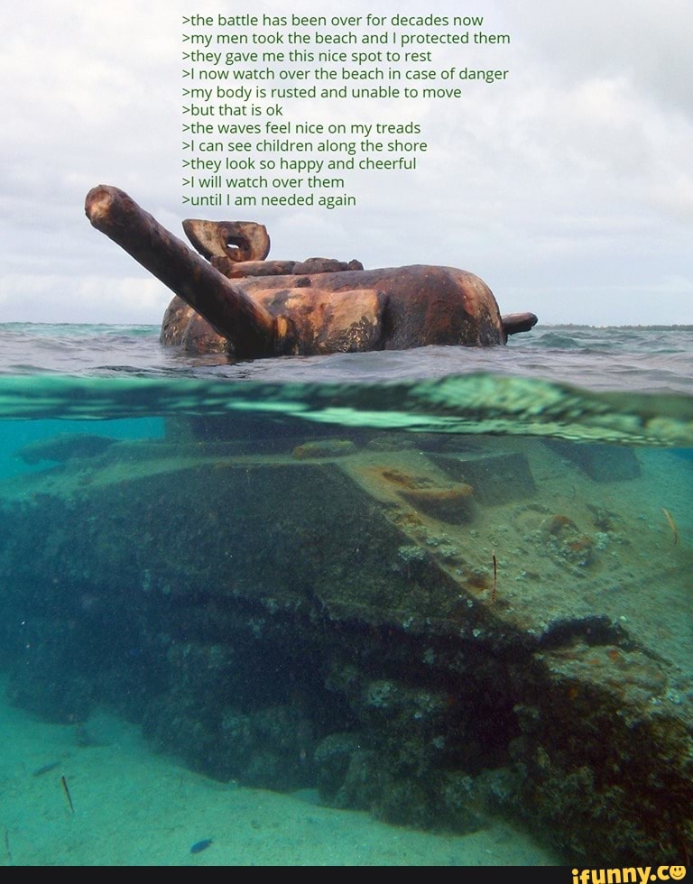>the battle has been over for decades now
>my men took the beach and I protected them
>they gave me this nice spot to rest
>I now watch over the beach in case of danger
>my body is rusted and unable to move
>the waves feel nice on my treads
>I can see children along the shore
>they look so happy and cheerful
>I will watch over them
>until I am needed again