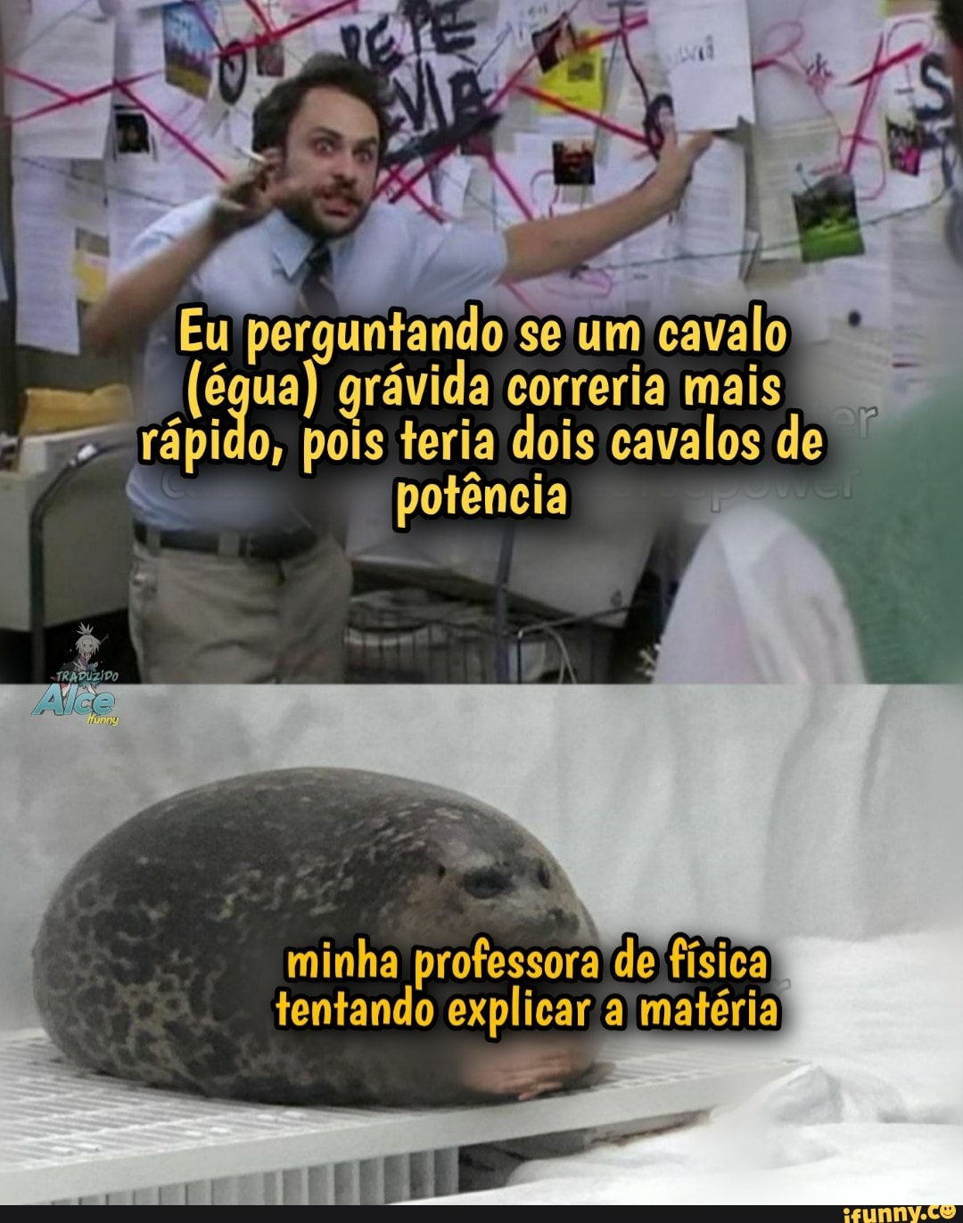 Eu perguntando 'se um cavalo
(égua) grávida correria mais rápido, pois teria dois cavalos de potência
minha professora de 'física tentando explicar a matéria