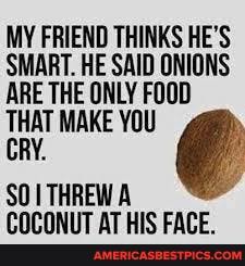MY FRIEND THINKS HE'S SMART. HE SAID ONIONS ARE THE ONLY FOOD THAT MAKE YOU CRY.
THREW A COCONUT AT HIS FACE.