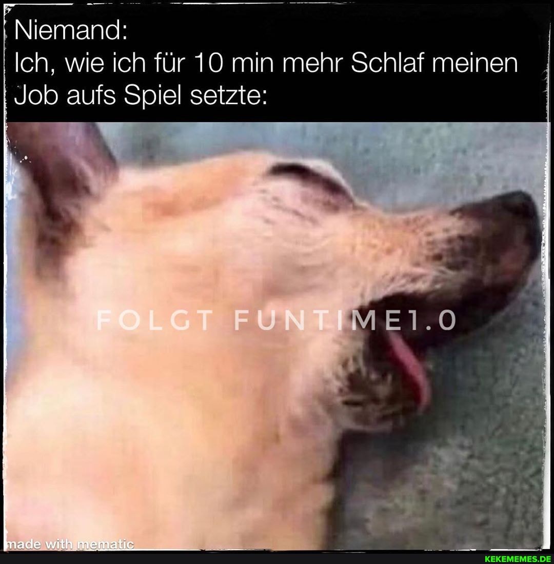 Niemand:
Ich, wie ich für 10 min mehr Schlaf meinen
Job aufs Spiel setzte:
MEI.O