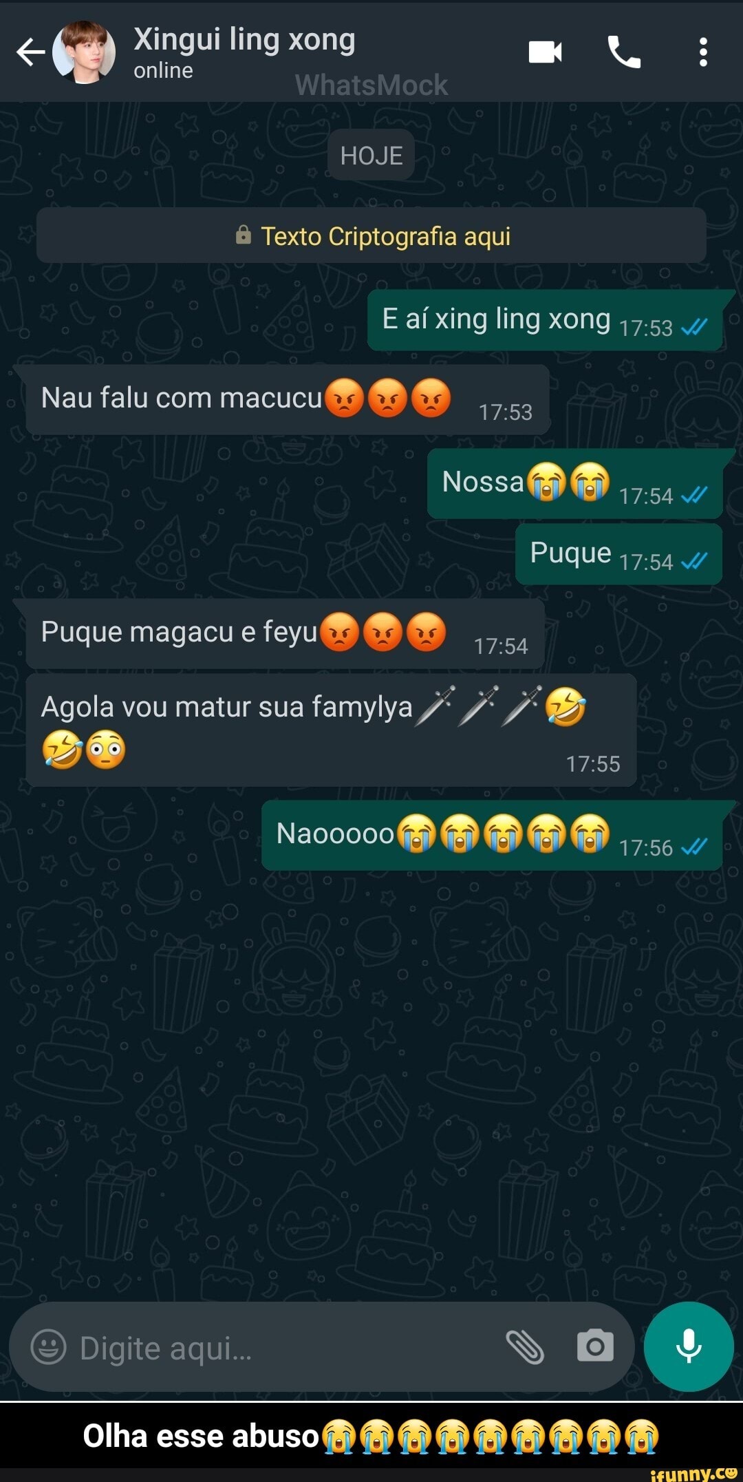 <b Xingui ling xong
online
HOJE
8 Texto Criptografia aqui
E aí xing ling xong 47.53
Nau falu com macucu
Nossa
Puque /
Puque magacu e feyuB
Agola vou matur sua famyl
Naoo0000
Digite aqui...
Olha esse abuso DDO - Olha esse abuso😭😭😭😭😭😭😭😭😭