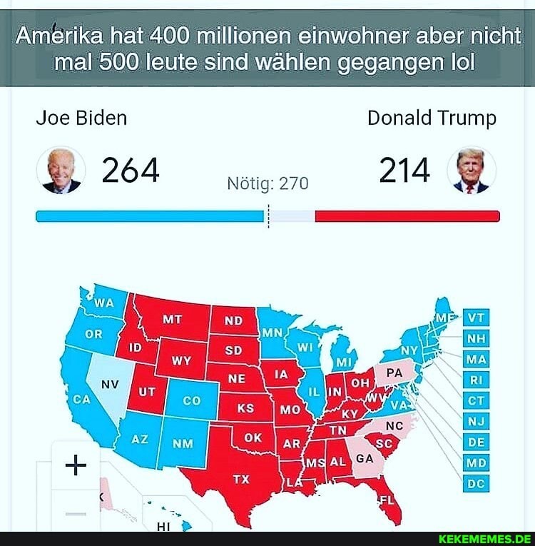 Amerika hat 400 millionen einwohner aber nicht
mal 500 leute sind wählen gegangen lol
Joe Biden Donald Trump
& 264 Nötig: 270 214