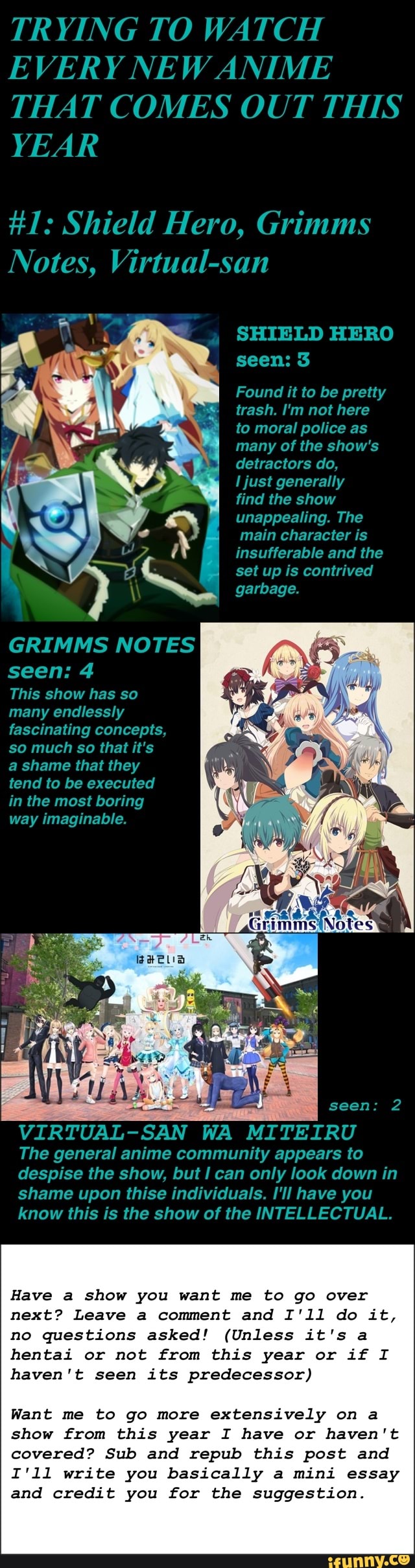 TRYING T0 WATCH EVERYNEWANIME THATCOMES OUT THIS YEAR #1 : Shield Hero,  Grimms Notes, Virtual-san SHIELD