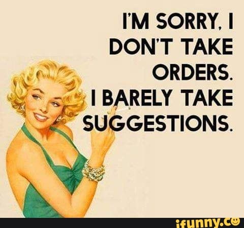 I'M SORRY, I DON'T TAKE
ORDERS.
I BARELY TAKE SUGGESTIONS.
