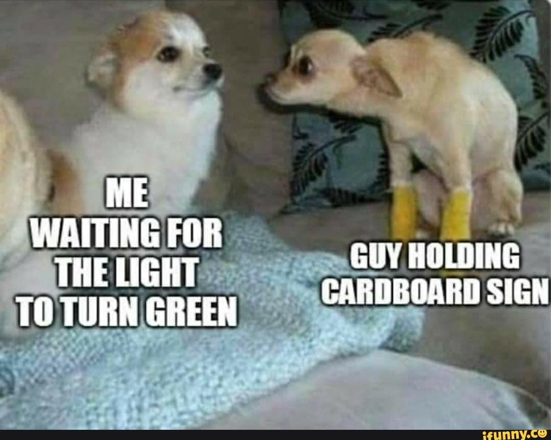 ME WAITING FOR THE LIGHT GUY HOLDING TO TURN GREEN CARDBOARD SIGN - )