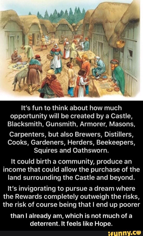 It's fun to think about how much
opportunity will be created by a Castle,
Blacksmith, Gunsmith, Armorer, Masons,
Carpenters, but also Brewers, Distillers,
Cooks, Gardeners, Herders, Beekeepers,
Squires and Oathsworn.
It could birth a community, produce an income that could allow the purchase of the land surrounding the Castle and beyond.
It's invigorating to pursue a dream where the Rewards completely outweigh the risks, the risk of course being that I end up poorer
than I already am, which is not much of a deterrent. It feels like Hope. - than I already am, which is not much of a deterrent. It feels like Hope.
