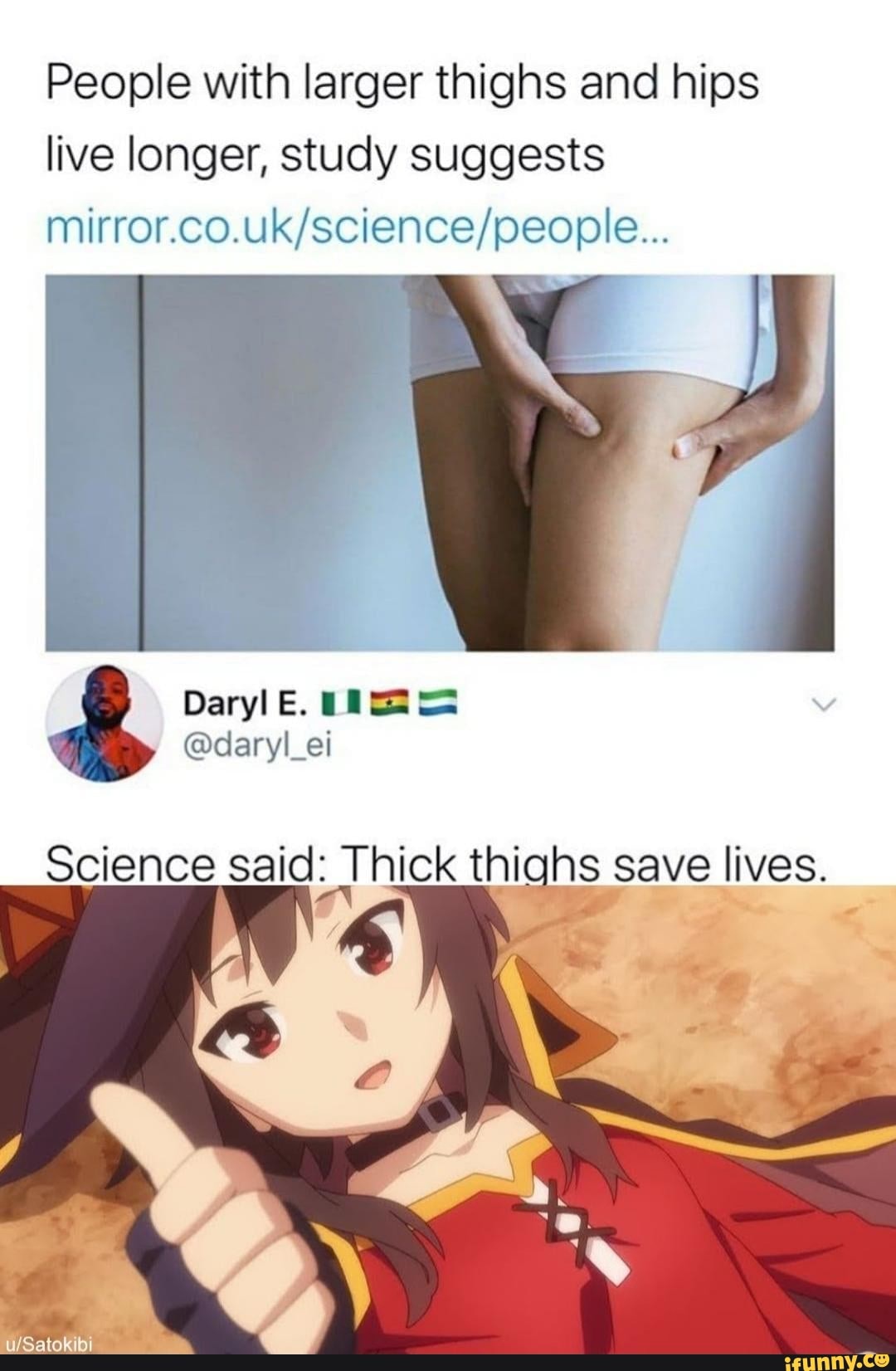 People with larger thighs and hips live longer, study suggests
mirror.co. oeoole...
Daryl E.
@daryl_ei
Science said: Thick thighs save lives.