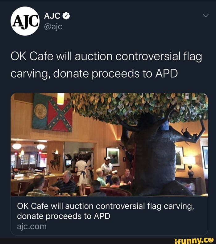 OK Cafe will auction controversial flag carving, donate proceeds to APD
OK Cafe will auction controversial flag carving, donate proceeds to APD