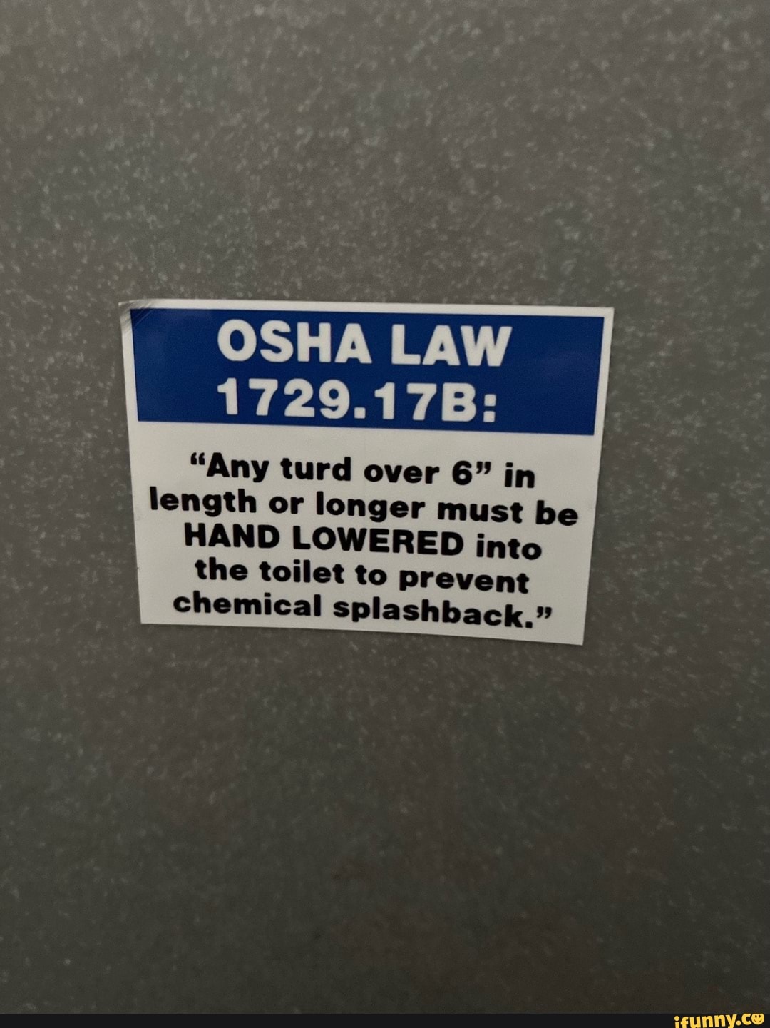OSHA LAW 1729.17B "Any turd over 6" in length or longer must be HAND LOWERED into the toilet to