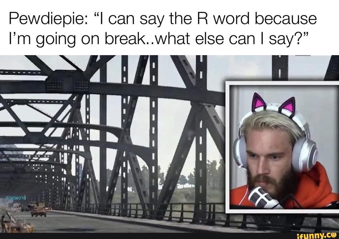 Pewdiepie: "I can say the R word because
I'm going on break..what else can I say?"