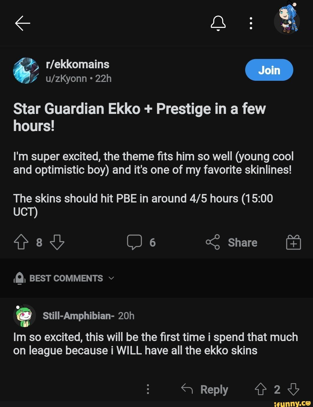 Join ufzikyonn Star Guardian Ekko + Prestige in a few hours! I'm super