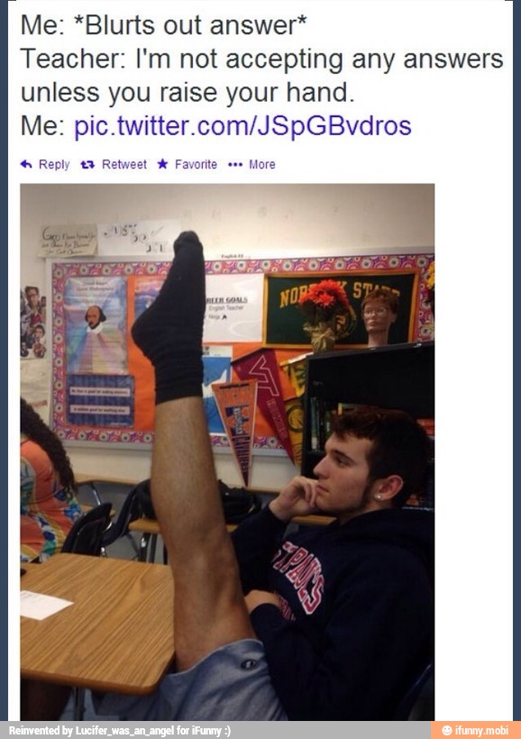 Me: *Blurts out answer*
Teacher: I'm not accepting any answers
unless you raise your hand.
Me: pic.twitter. tee