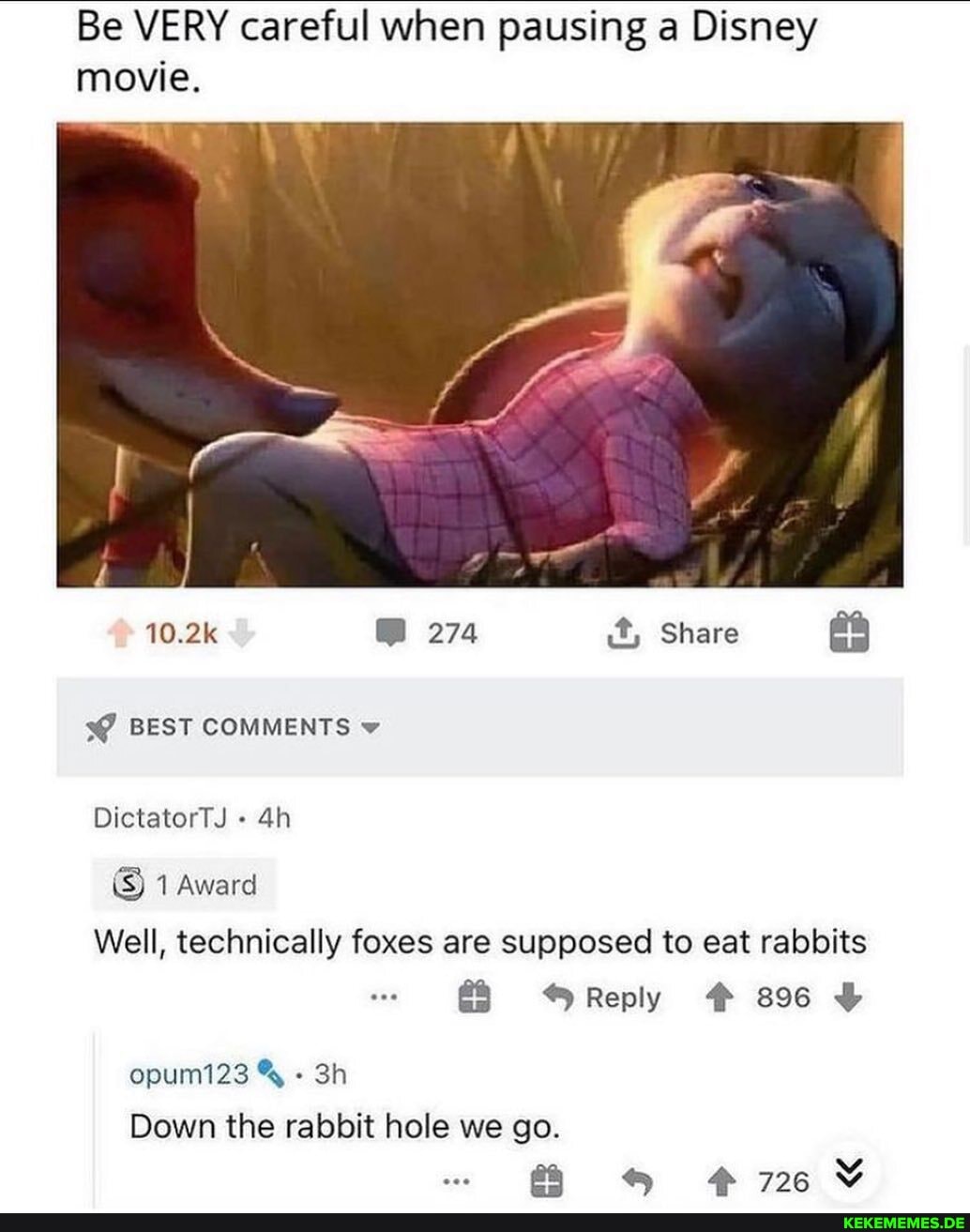 Be VERY careful when pausing a Disney movie.
10.2k 274 Share
BEST COMMENTS v
DictatorTJ
S 1 Award
Well, technically foxes are supposed to eat rabbits
Reply # 896
opum123 %
Down the rabbit hole we go.
ww