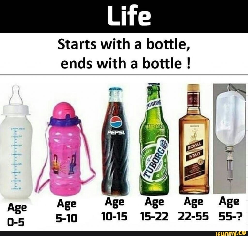Starts with a bottle,
ends with a bottle E Age Age
