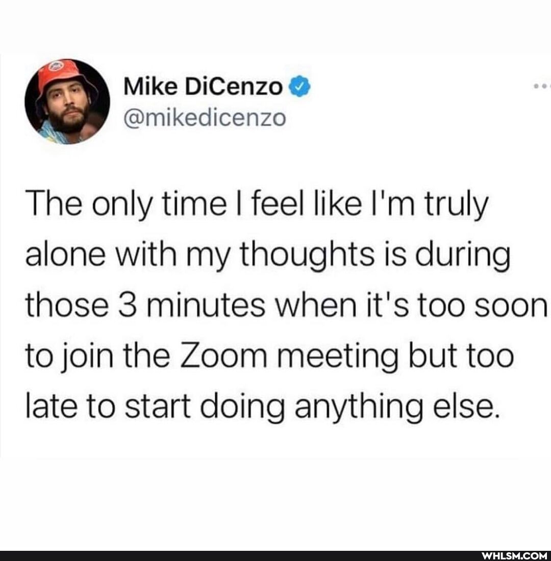Mike DiCenzo
@mikedicenzo
The only time I I feel like I'm truly alone with my thoughts is during those 3 minutes when it's too soon to join the Zoom meeting but too late to start doing anything else.