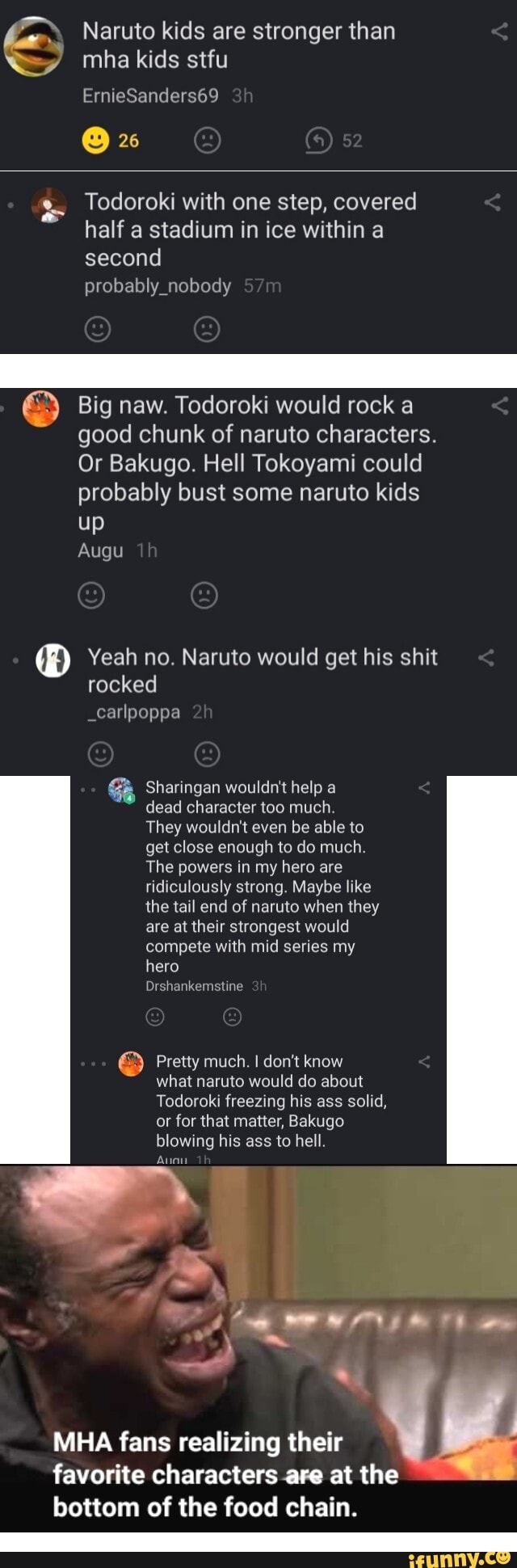 lo Naruto kids are stronger than
mha kids stfu
Todoroki with one step, covered
half a stadium in ice within a
second
y
A
6) Big naw. Todoroki would rock a
good chunk of naruto characters.
Or Bakugo. Hell Tokoyami could
probably bust some naruto kids
up
Yeah no. Naruto would get his shit
rocked
_carlpoppa
EA Sharingan wouldn't help a
dead character too much.
They wouldn't even be able to
get close enough to do much.
The powers in my hero are
ridiculously strong. Maybe like
the tail end of naruto when they
are at their strongest would
compete with mid series my
hero