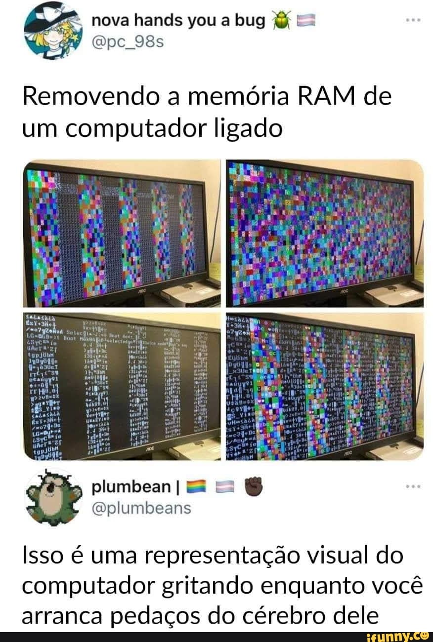 pc
Me
nova hands you bug ES
Removendo a memória RAM de um computador ligado
Isso é uma representação visual do computador gritando enquanto você arranca pedaços do cérebro dele