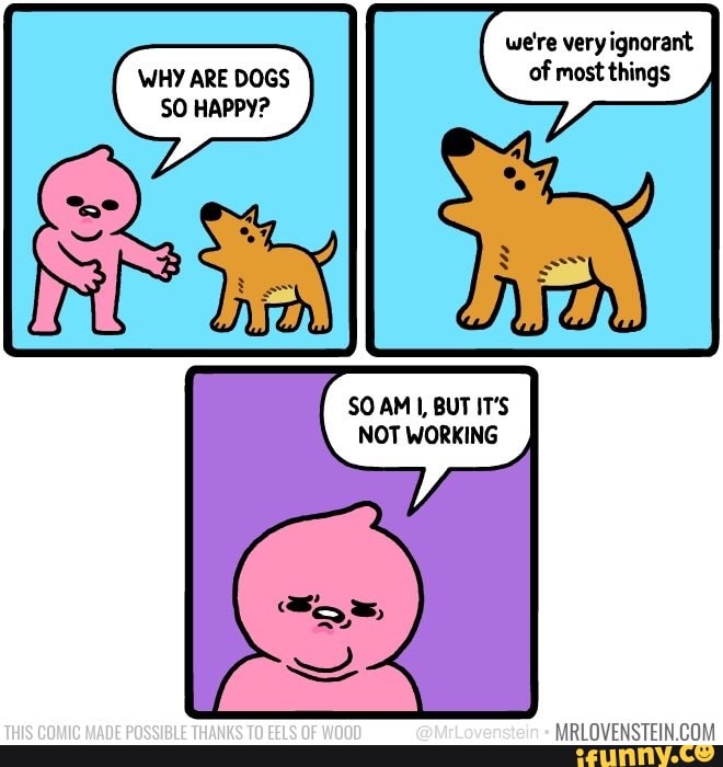 we're very ignorant
WHY ARE DOGS of most things
SO HAPPY?
SO AM 1, BUT IT'S NOT WORKING
THIS COMIC MADE POSSIBLE THANKS TO EELS OF WOOD @MrLoven: