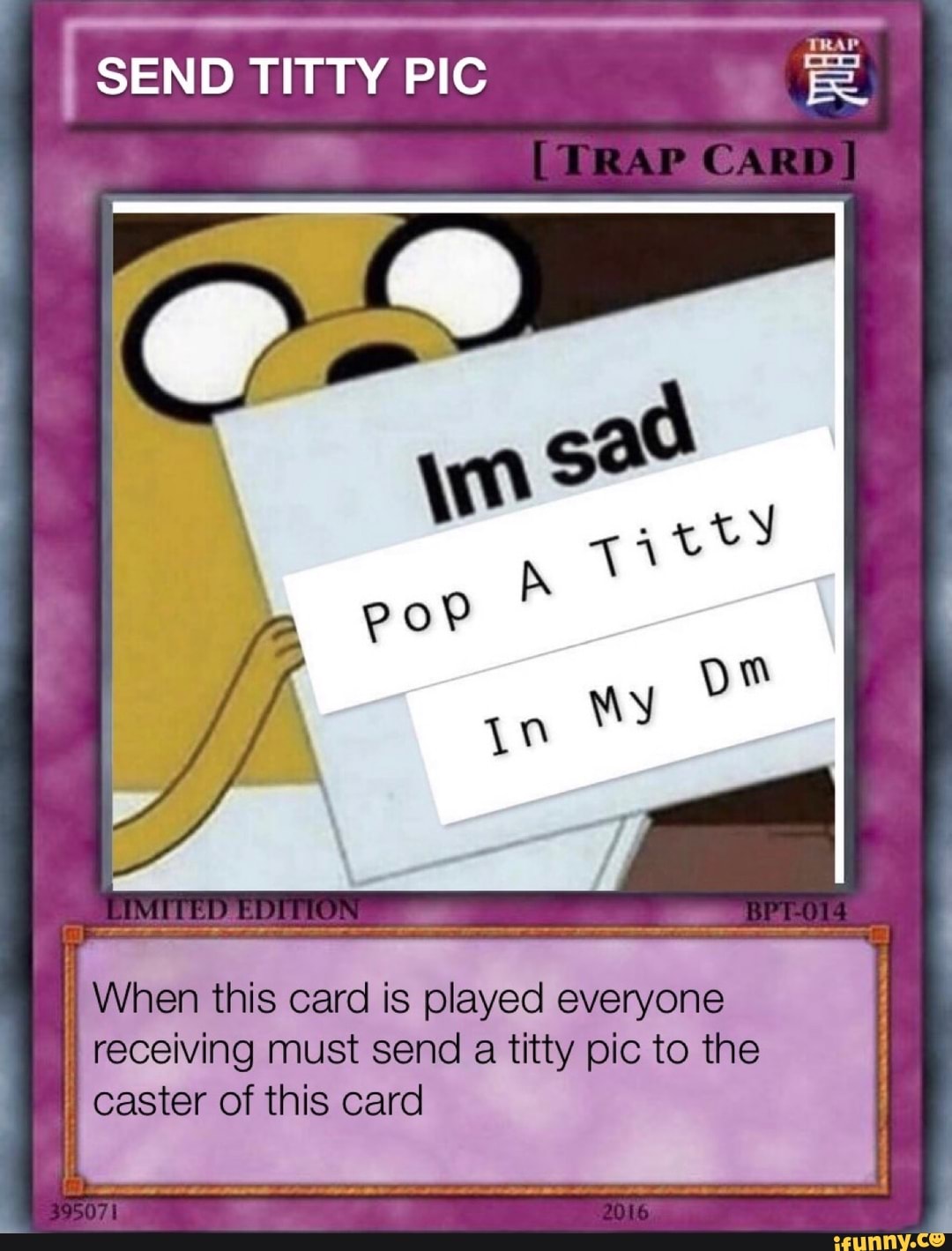 SEND TITTY PIC TRA AP CAIR wil MED LED When this card is played everyone Mi  receiving must a titty pic to the caster of this card - iFunny