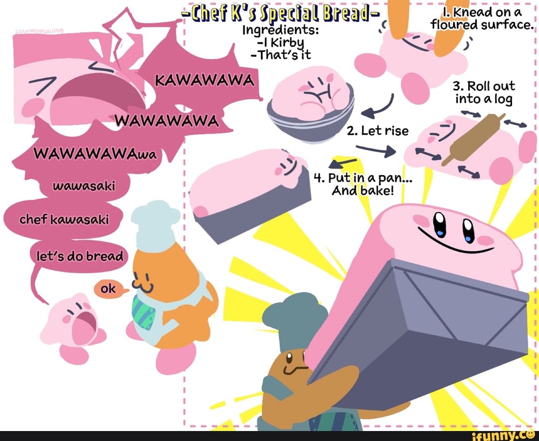 es Breads
Kirb: it
KAWAWAWA
WAWAWAWA
WAWAWAWAwa
chef kawasaki
Let rise
4, Put in pan...
And bake!
Knead ona floured
3. Roll out into alog
~tx. @