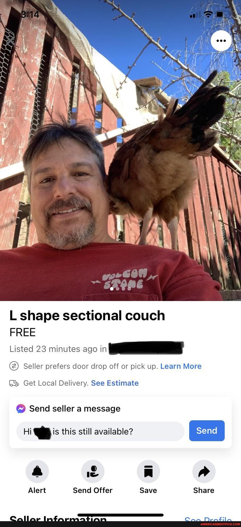 L shape sectional couch
FREE
Listed 23 minutes ago
Seller prefers door drop off or pick up. Learn More
Get Local Delivery. See Estimate
Send seller a message
Hi @pis this still available?
a A
Alert Send Offer Save Share