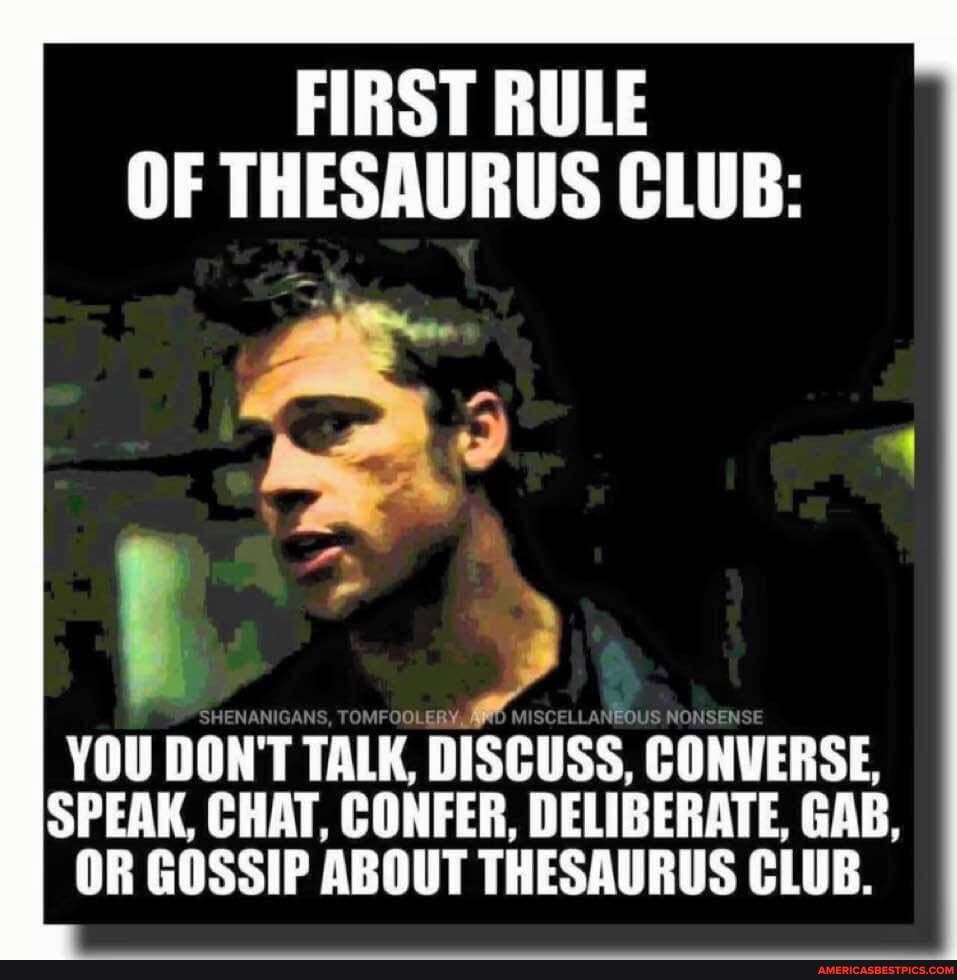 FIRST RULE OF THESAURUS CLUB:
YOU DON'T TALK, DISCUSS, CONVERSE,
SPEAK, CHAT, CONFER, DELIBERATE, GAB,
OR GOSSIP ABOUT THESAURUS CLUB.