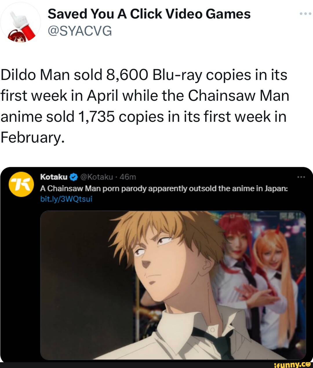 Flagship StoresSaved You A Click Video Games ee @SYACVG Dildo Man sold  8,600 Blu-ray copies in its first week in April while the Chainsaw Man  anime sold 1,735 copies in its first