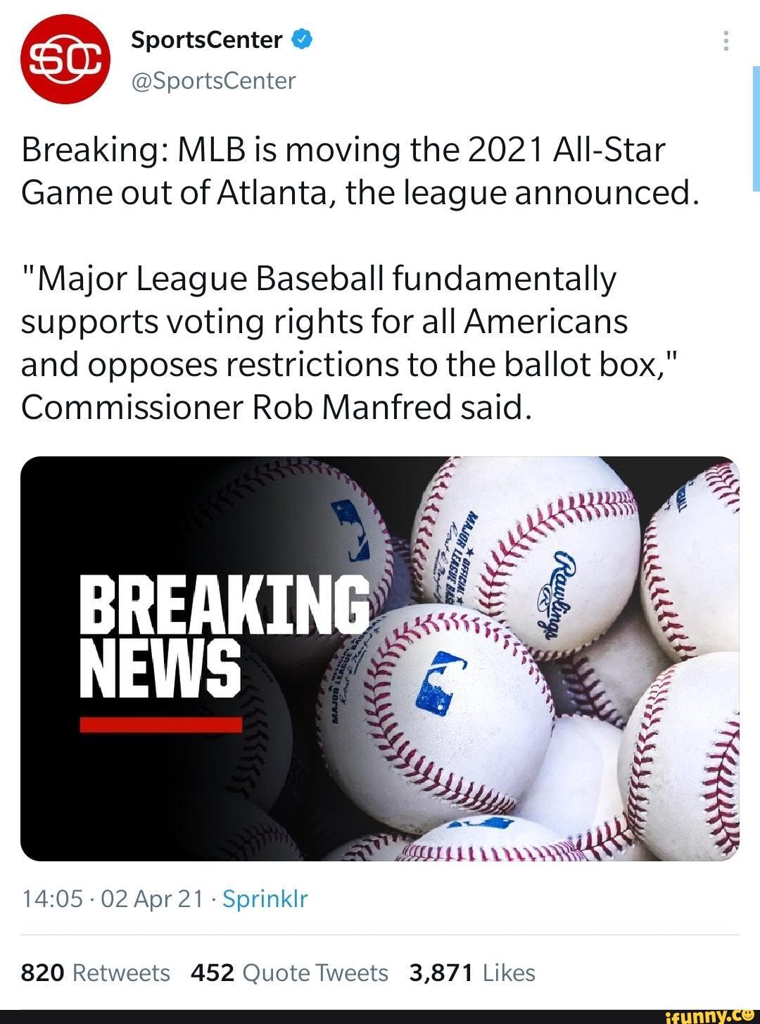 Breaking MLB is moving the 2021 AllStar Game out of Atlanta, the