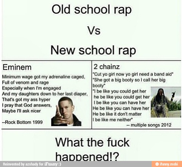 Old school rap
Vs
New school rap
Eminem 2 chainz
"Cut yo girl now yo girl need a band aid"
Minimum wage got my adrenaline caged.
1.614 oot big booty so I call her big
Full of venom and rago
Especially when I'm engaged
'And my daughters down to her last diaper,
That's got my ass hyper
I pray that God answers,
booty"
"1 be like you could got hor
he be like you could got her
1 be like you can have her
He be like you can have her
Maybe I'll ask nicer
He be like it don't matter
er
I be like me neither
~Rock Bottom 1999
multiple songs
What the fuck
hannened!?