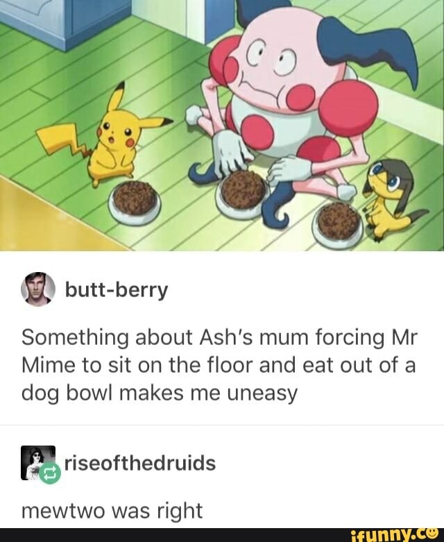 Something about Ash's mum forcing Mr Mime to sit on the floor and eat ...