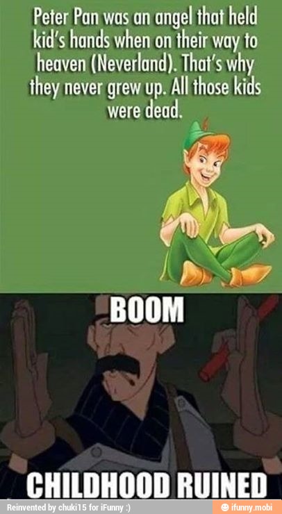 Peter Pan was an
angel that helo
'kid's hands when on
their way to
heaven (Neverland). That's why
they never grew up. All those kids
'were
dead.