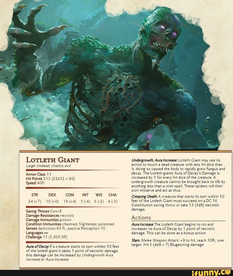 LoTLeTH GIANT Large Undead, chaotic evil 'Armor Class 11 Hit Points 215 (22412 + 80) Speed STR