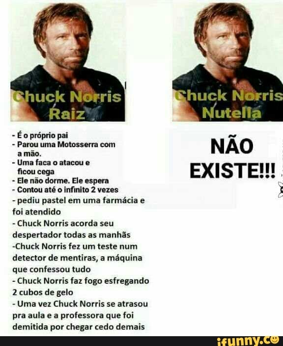 Ele não dorme. Ele espera
Contou até o infinito 2 vezes
x
pediu pastel em uma farmácia e
foi atendido
Chuck Norris acorda seu
despertador todas as manhãs
-Chuck Norris fez um teste num
detector de mentiras, a maquina
que confessou tudo
Chuck Norris faz fogo esfregando
2 cubos de gelo
Uma vez Chuck Norris se atrasou
pra aula e a professora que foi
demitida por chegar cedo demais