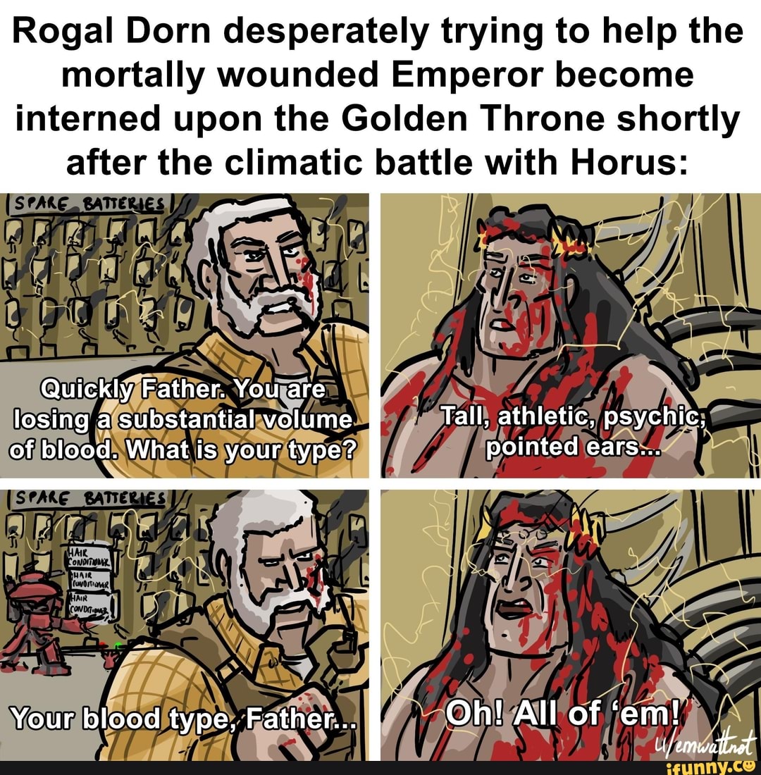 Rogal Dorn desperately trying to help the mortally wounded Emperor become i...
