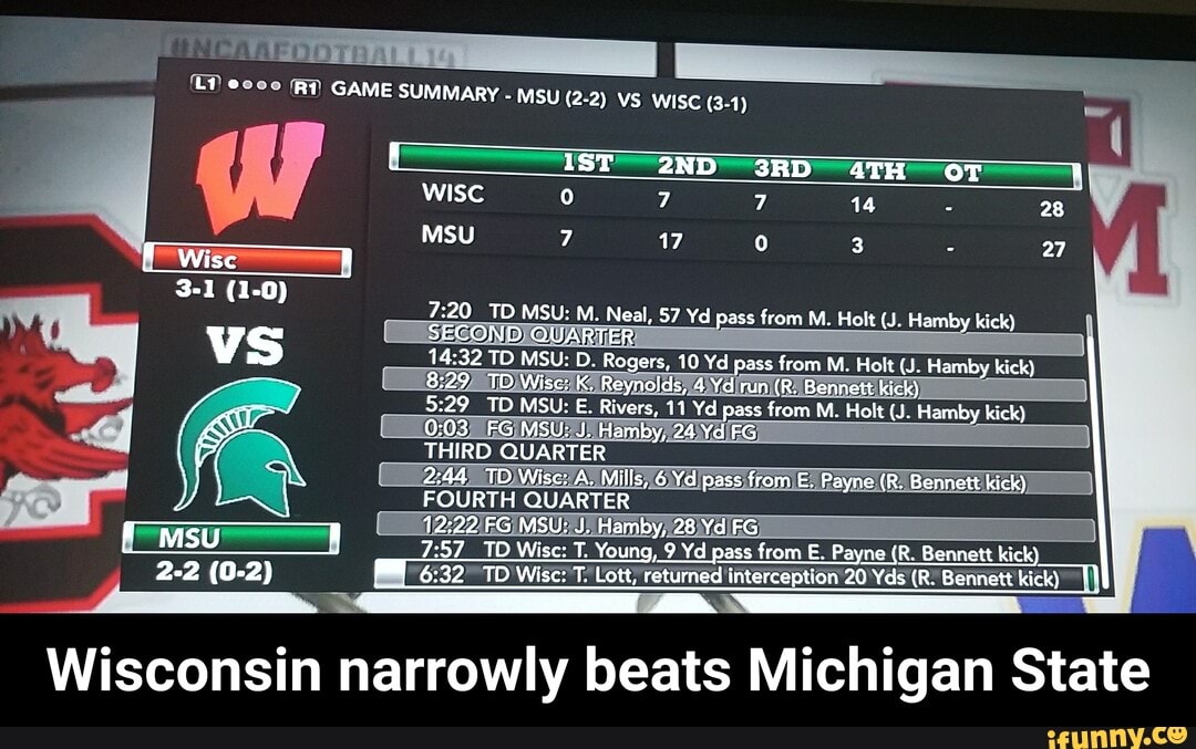 T
a
from E. Payne (R. Bennett kick)
6:32 TD Wisc:'T. Lott; returned interception 20 Yds (R?
kick)
Wisconsin narrowly beats Michigan State - Wisconsin narrowly beats Michigan State