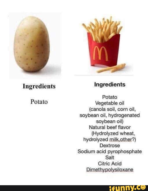 Ingredients Ingredients Potato Potato Vegetable oil (canola soil, corn