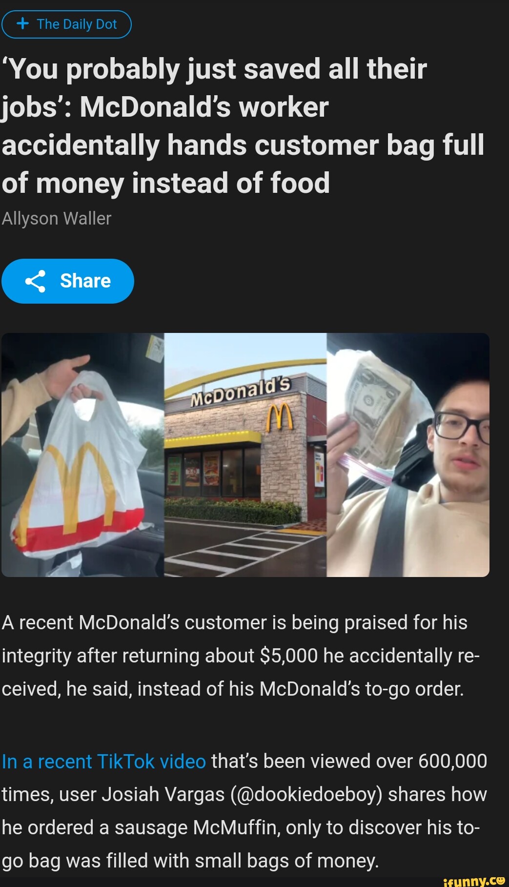 TikToker Praised After Saying He Returned a Bag of Money to McDonald's