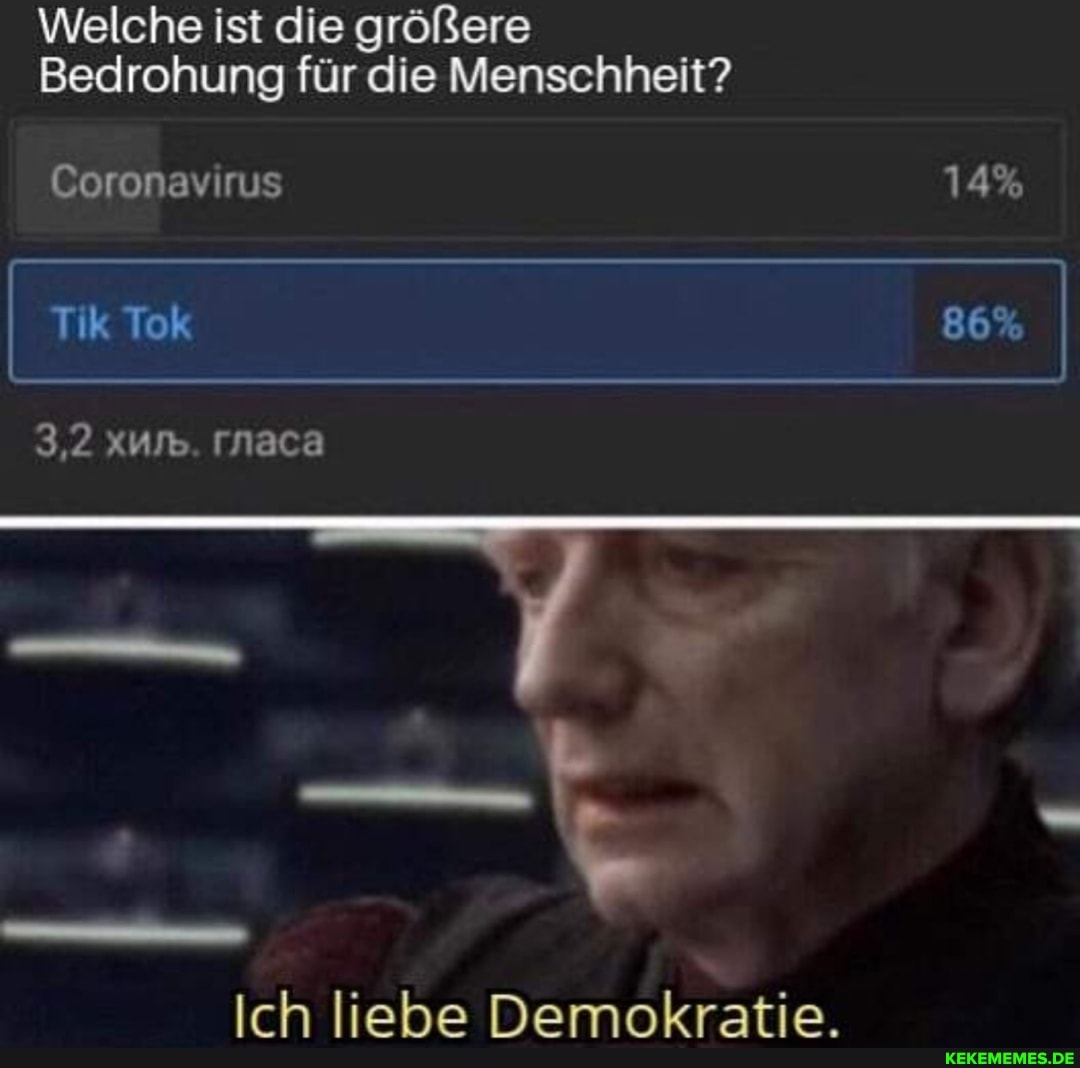 Welche ist die größere
Bedrohung für die Menschheit?
Coronavirus
Tik Tok 86%
3,2 rnaca
14%
Ich liebe Demokratie