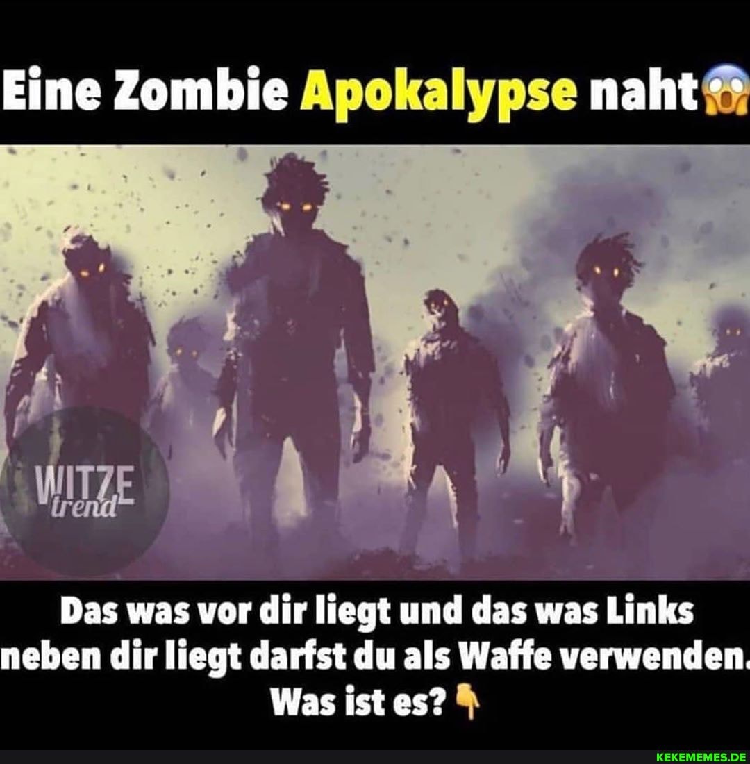 Eine Zombie Apokalypse naht
Das was vor dir liegt und das was Links neben dir liegt darfst du als Waffe verwenden,
Was ist es?