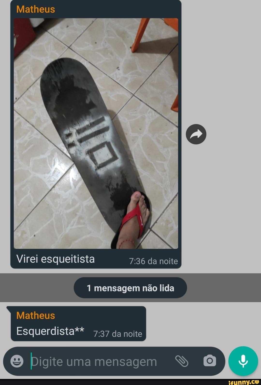 Matheus
Virei esqueitista da noite
mensagem não lida
Digite uma mensagem SS
Matheus
Esquerdista** da noite