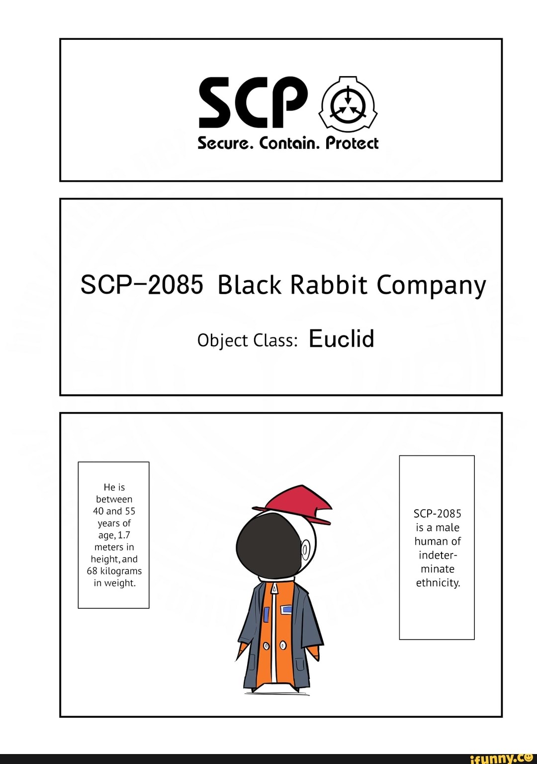 Scp Secure Contain Protect Scp 85 Black Rabbit Company Object Class Euclid He Is Between 40 And 55 Scp 85 Is A Male Age 1 1 7 Meters In Human Of Height And Indeter 68