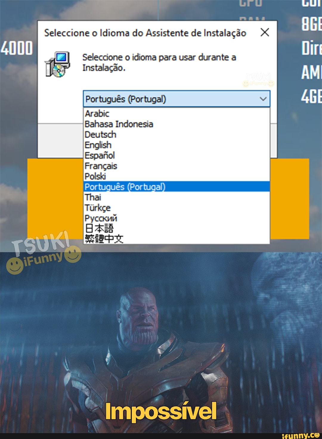 Instalação.
Portyquês (Portugal)
Seleccione o Idioma do Assistente de Instalação XX Seleccione o idioma para usar durante a
Bahasa Indonesa
English
Espatol
Français
Português (Portugal) nei
Impossível